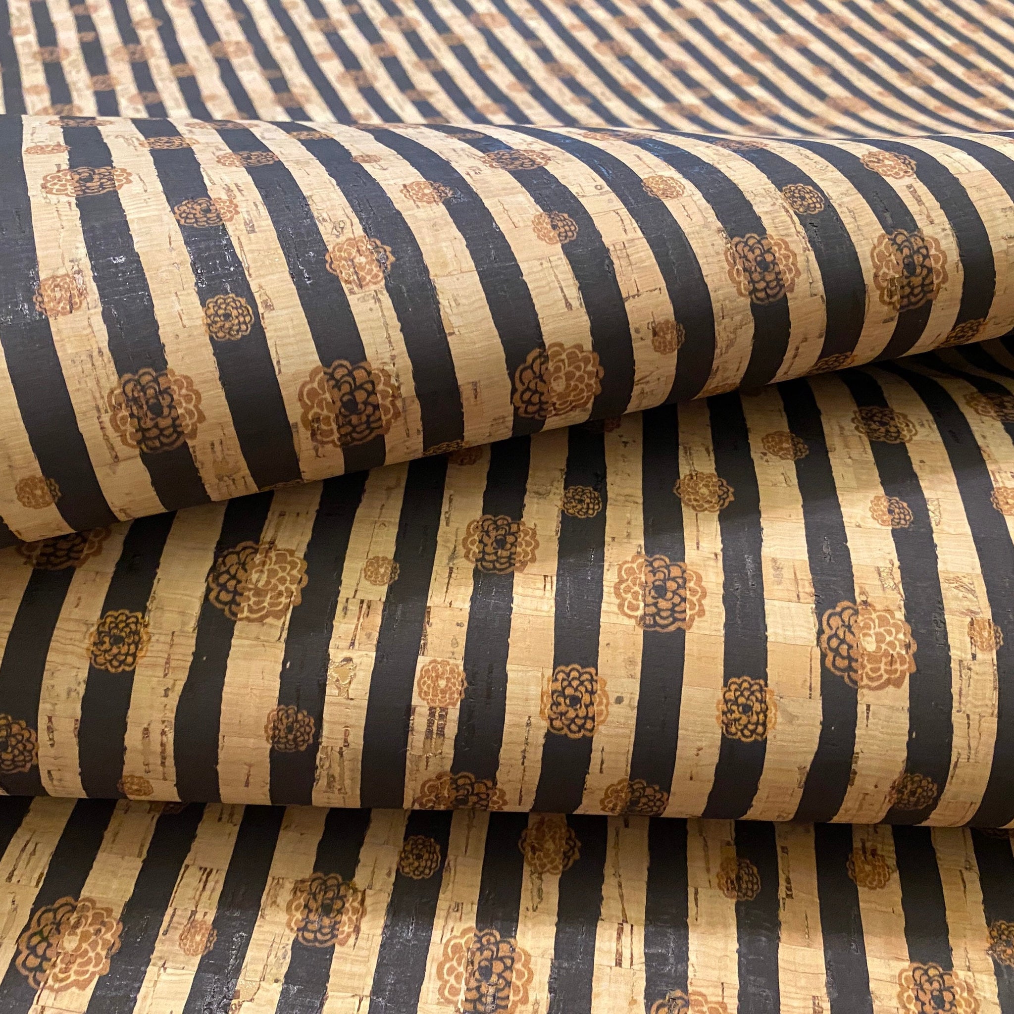 Cork Fabric - Black Stripe with Floral Detail on Natural