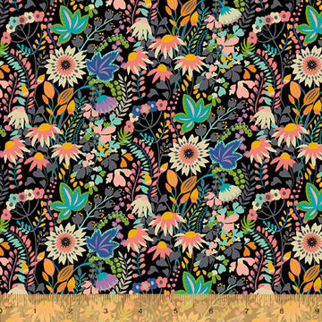 Paradiso by Sally Kelly - Flower Bed in Black (Qty 1 = 1/2 yd)