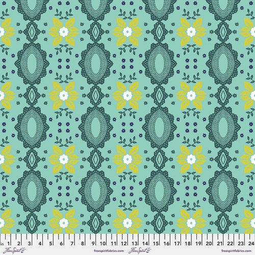 Folk Heart by Nathalie Lete for Conservatory Craft - Flocked Small in Aqua (Qty 1 = 1/2 yd)