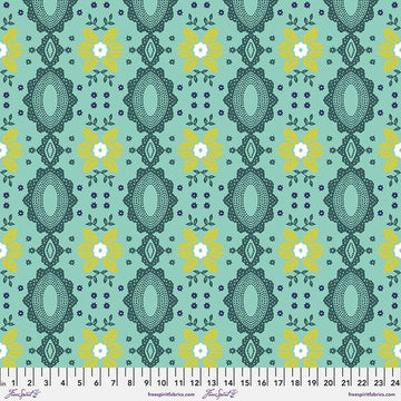 Folk Heart by Nathalie Lete for Conservatory Craft - Flocked Small in Aqua (Qty 1 = 1/2 yd)