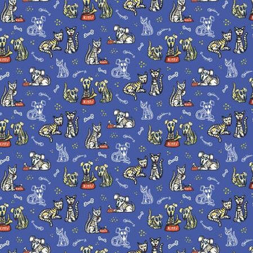 Amor Eterno by Kathy Cano-Murillo - Cats and Dogs in Blue (Qty 1 = 1/2 yd)