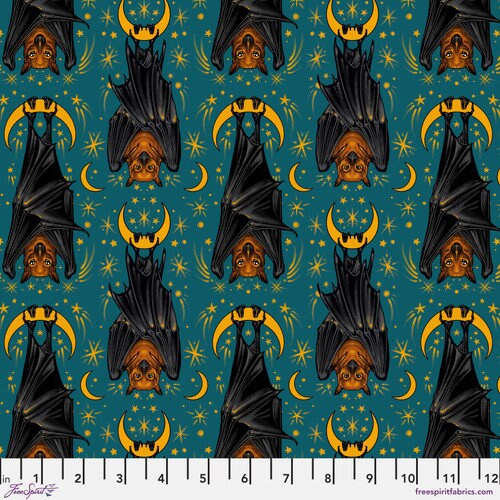 Storybook Halloween by Rachel Hauer - Aim for the Moon in Turquoise (Qty 1 = 1/2 yd)