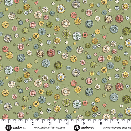 Atelier by Makower UK - Buttons in Green (Qty 1 = 1/2 yd)