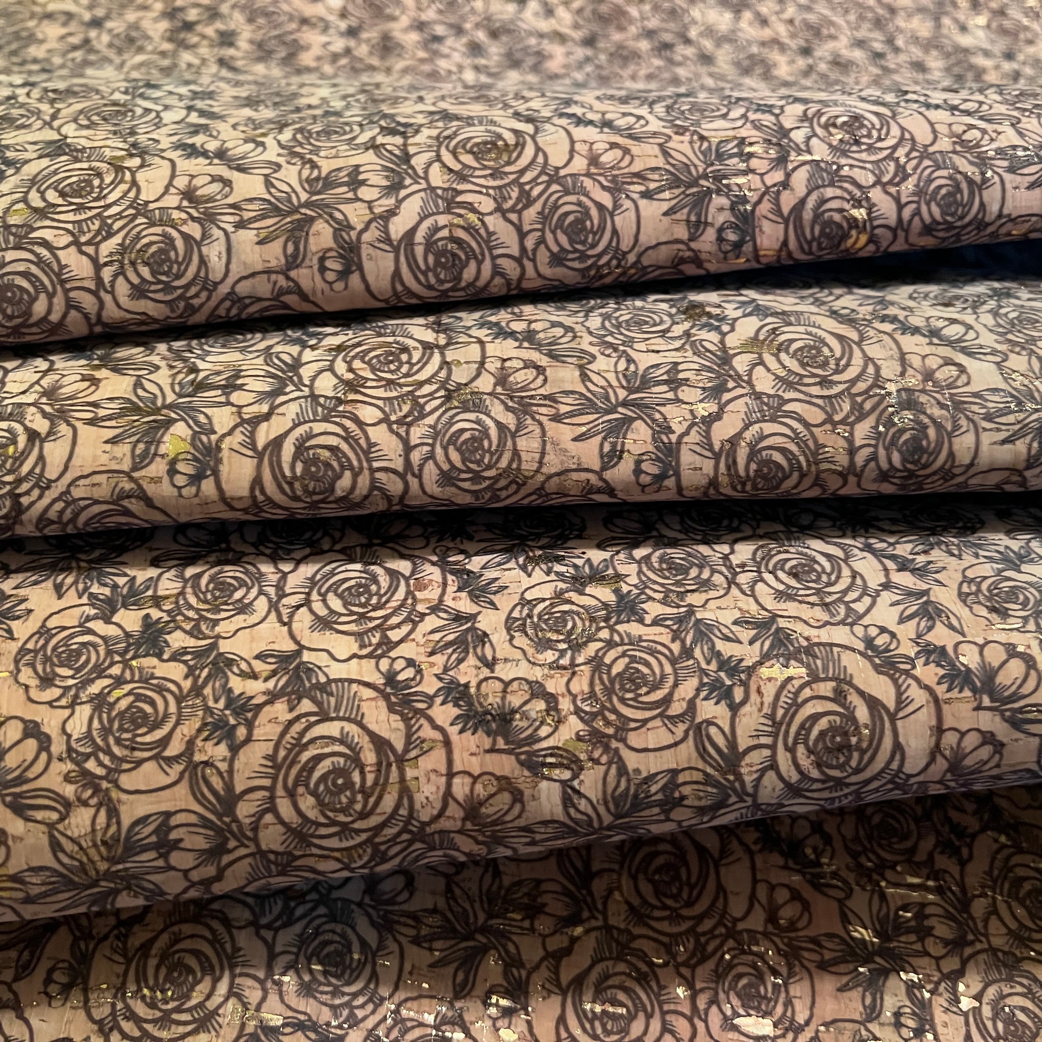 Cork Fabric - Black Roses with Gold Fleck
