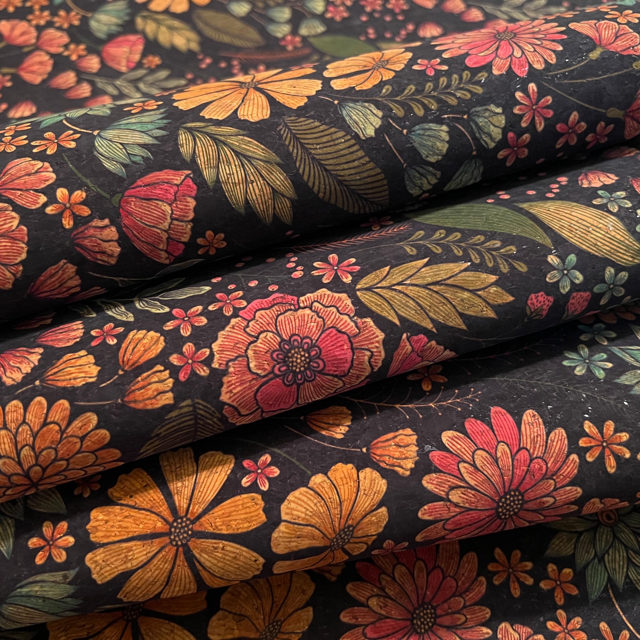 Cork Fabric - Warm Flowers on Black