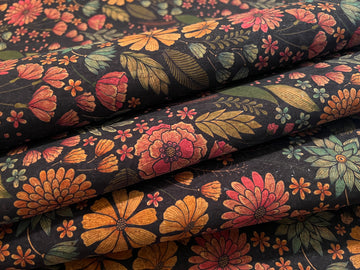Cork Fabric - Warm Flowers on Black