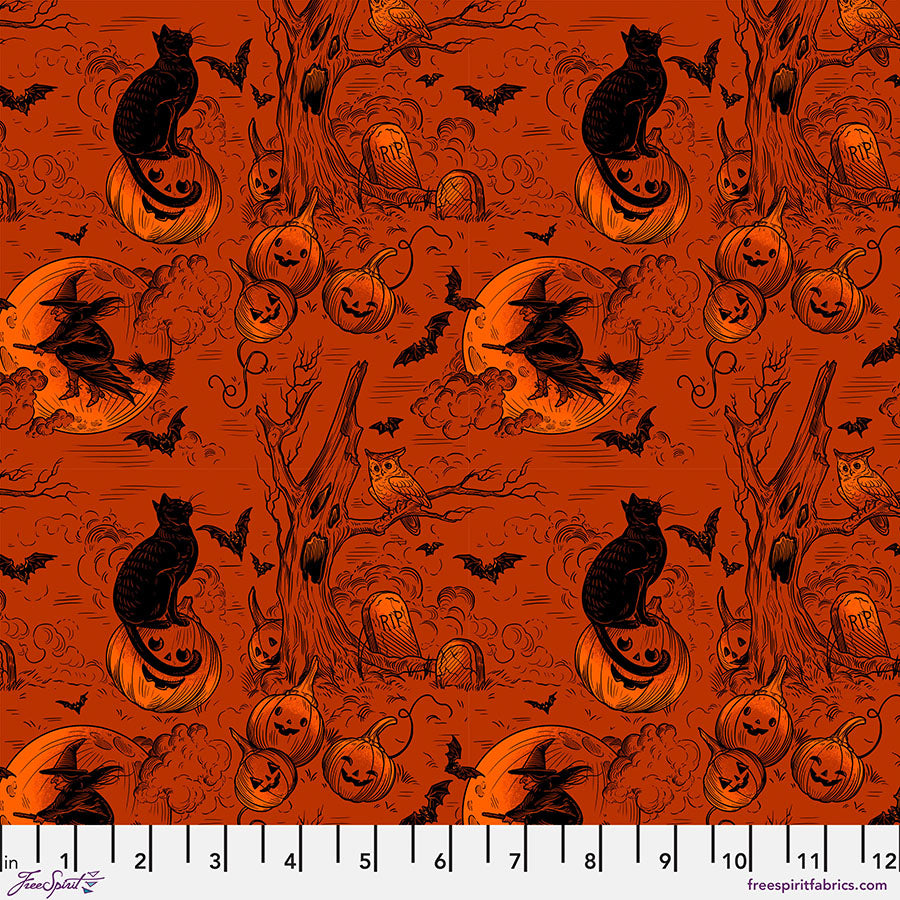 Costumes & Cobwebs by Rachel Hauer - Haunted Toile in Orange (Qty 1 = 1/2 yd)