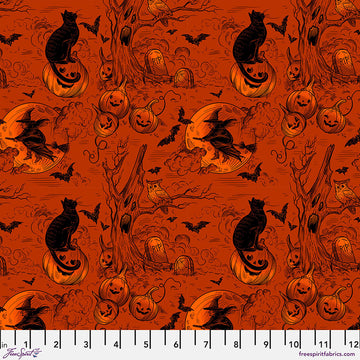 Costumes & Cobwebs by Rachel Hauer - Haunted Toile in Orange (Qty 1 = 1/2 yd)