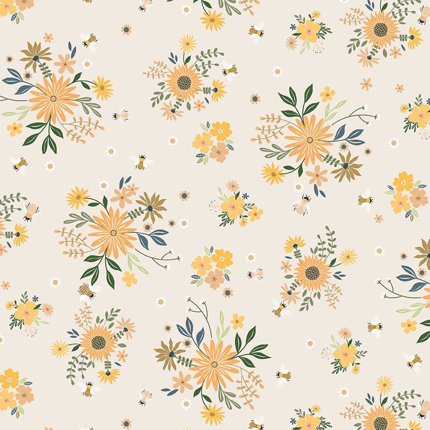 The Bee's Knees by Dear Stella -  Floral Buzz in Ash (Qty 1 = 1/2 yd)