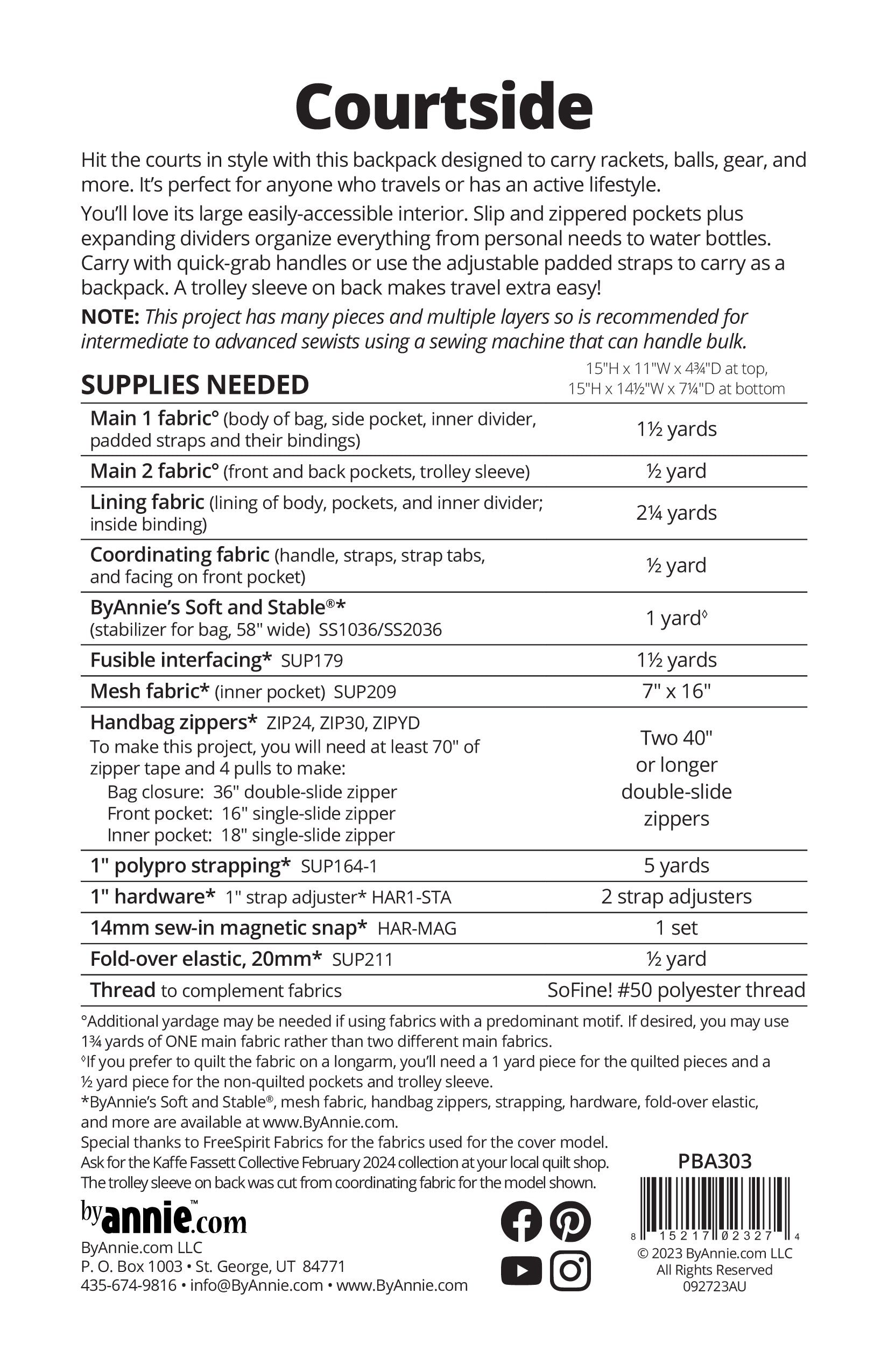 Paper Pattern - Courtside from ByAnnie - Pattern for Backpack/Racket T