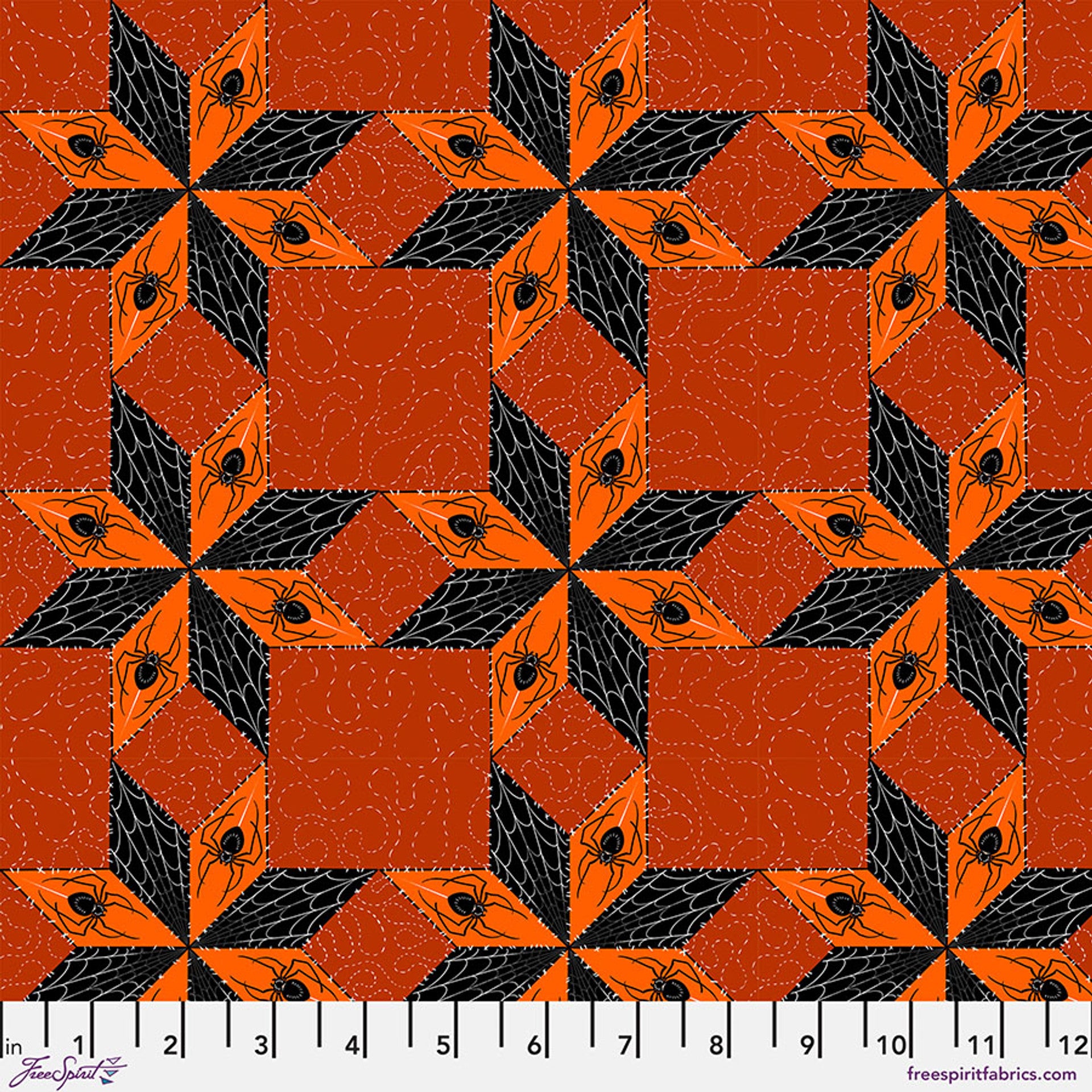 Costumes & Cobwebs by Rachel Hauer - Stars and Spiders in Orange (Qty 1 = 1/2 yd)