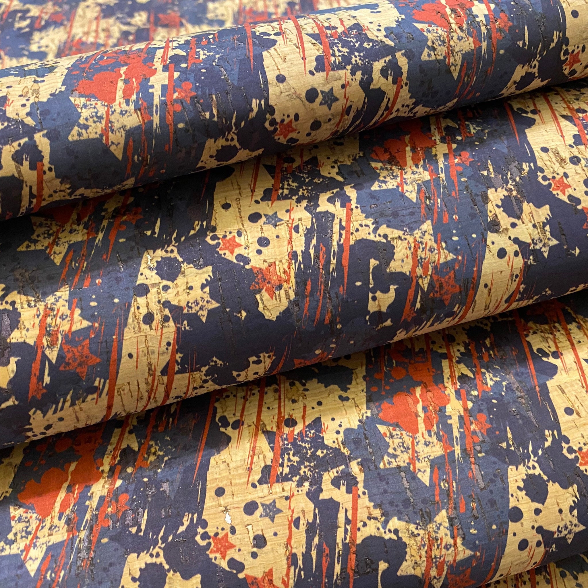 Cork Fabric - Red and Blue Stars on Natural