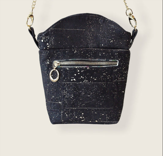 Cork Handbag - Black and Gold Cork Fabric with Gold Chain