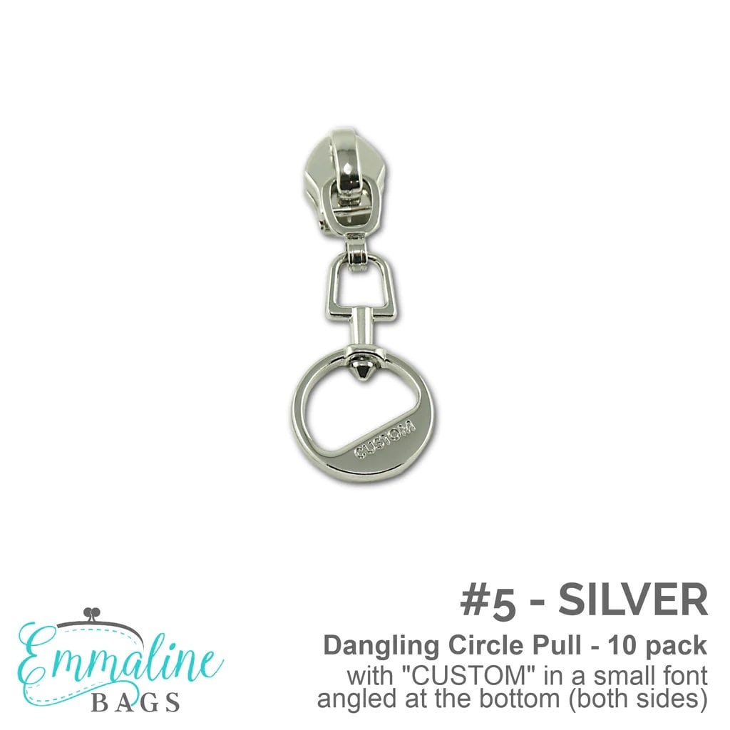 Zipper Slides - Silver Dangling Circle Pull with "Custom" Size #5 - 10 Pack
