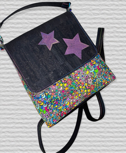 Cork/Cotton Backpack - Black Cork with Coordinating Rainbow Star Fabric
